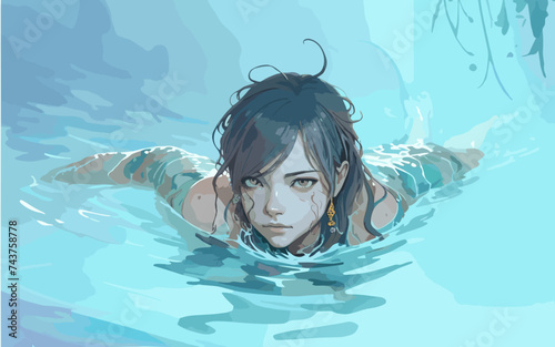 Watercolor abstract vector illustration with a beautiful girl swimming in clear water. For print and web.