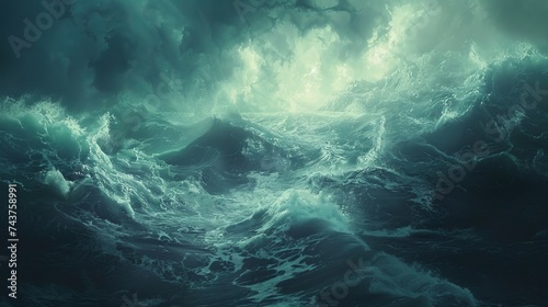 Storm in the middle of the ocean, huge waves splash