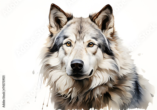 Picture head wolf draw by watercolor nature on white background. Realistic animal clipart template pattern. Background Abstract Texture.	
