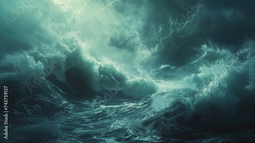 Storm in the middle of the ocean, huge waves splash