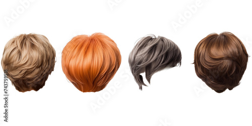 Stylish hair wig with trendy design isolated on background, front view, fashionable hairstyle concept. photo