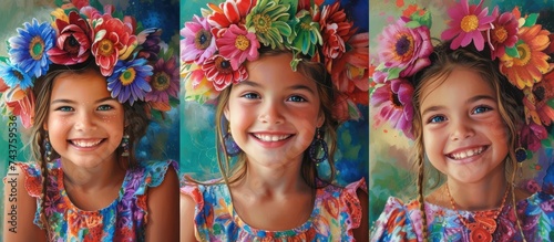 A young girl with a joyful smile, her hair adorned with vibrant flowers. She radiates happiness in three different portraits.