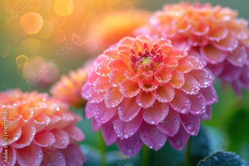 A vibrant dahlia flower covered in sparkling water droplets  reflecting the light beautifully
