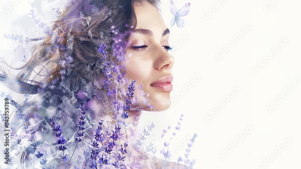 A model girl with lavender flowers in the decoration of a double exposition. Portrait of a beautiful young brunette with flowing long hair in profile.