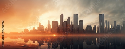 Skyscrapers in futuristic city with sunrise. © Filip