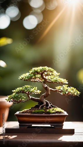 Elegant Bonsai Tree Displayed on Wooden Stand at Golden Hour