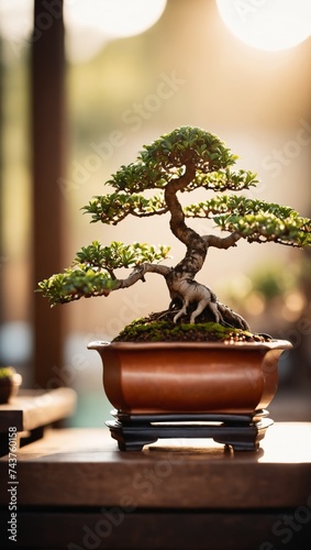 Elegant Bonsai Tree Displayed on Wooden Stand at Golden Hour