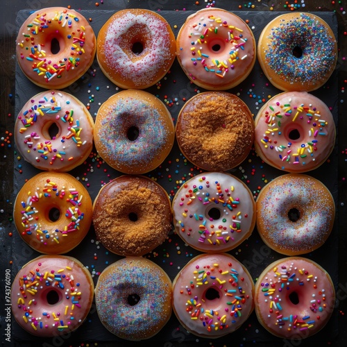 Delectable array of frosted doughnuts on dark surface