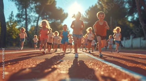 Group of excited children running on athletic track. Kids promoting active lifestyle concept. photo