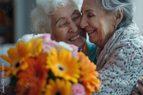 Two elderly women embracing each other with flowers in front of them