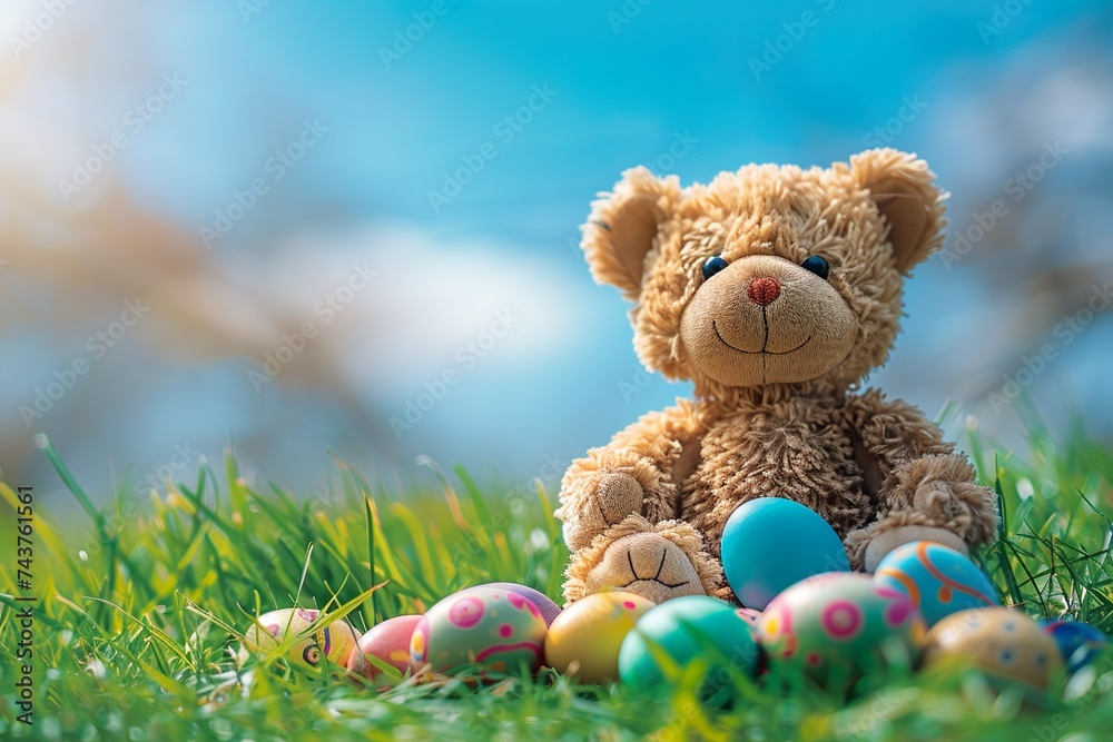 Happy Easter bear with decorated easter eggs Happy Easter bear with decorated easter eggs