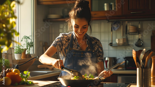 young woman  cooking in kitchen photo
