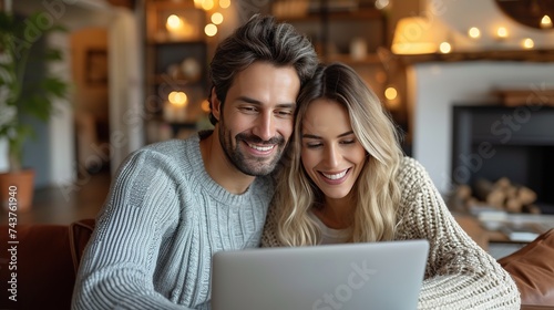 Happy couple looking at laptop together in home office. Exited couple talking to friends on laptop.