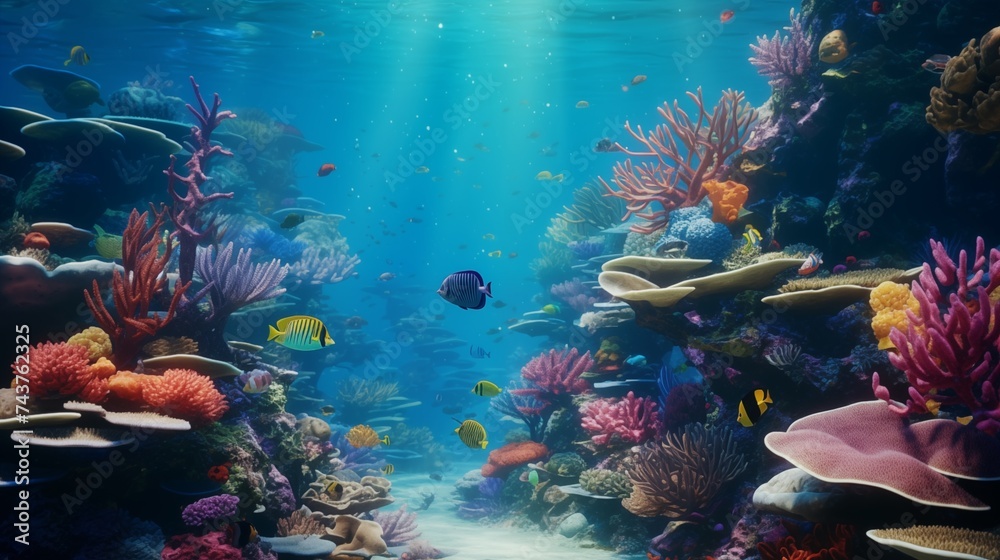 A colorful underwater coral reef teeming with exotic fish and swaying sea plants