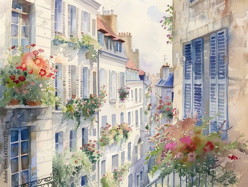 Fototapeta Naklejka Na Ścianę i Meble -  Paris streets with windows and houses and flowers in watercolor style