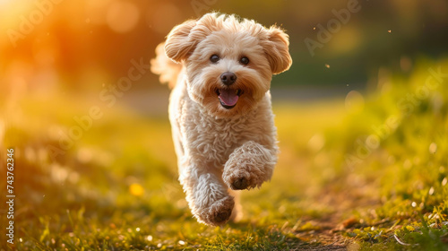 Euphoric Furry Friend: Playful Dog Dancing Through Sun-Kissed Field