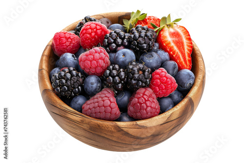 Fresh Mix Berries inside wooden bowl isolated on background  delicious fruit with high vitamin and minerals  including strawberries  raspberries and blueberries.