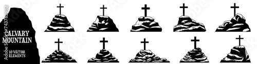 Calvary mountain. icon set. Silhouette style.