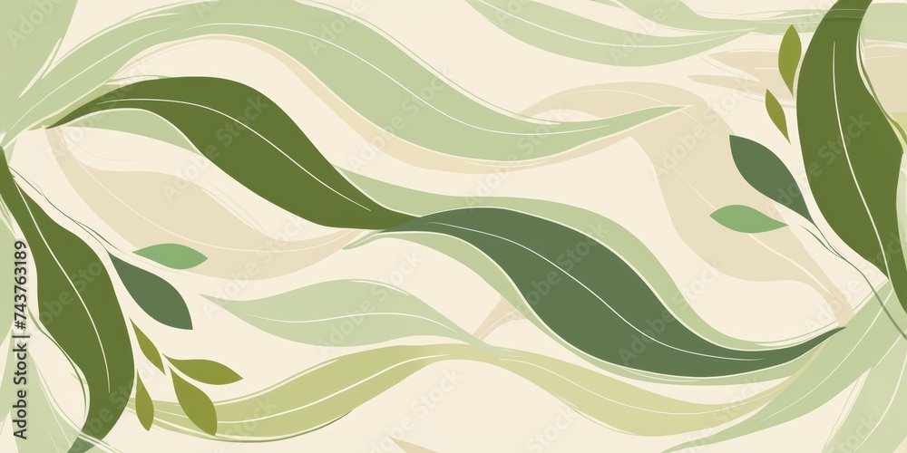 Stylized abstract foliage illustration with fluid green curves and leaf motifs on a soft beige background, evoking a serene natural environment. image