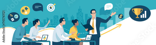 Goal. Education, presentation meeting. The business team listens to the teacher, male leader. 