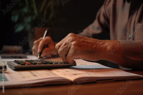 Close-up of a senior man writing with papers or bills and a calculator at home in the evening. Concept of savings, annuity insurance, and financial planning.