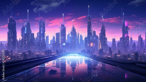 A bustling futuristic cityscape at dusk, with neon lights reflecting off sleek skyscrapers