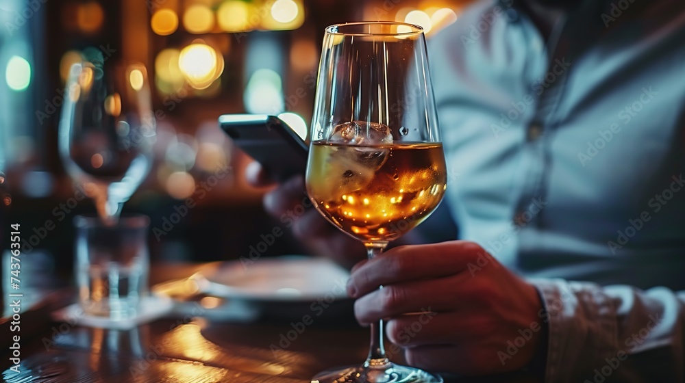 Man texting in luxurious restaurant. Close up of male hands holding phone and glass of wine at bar. Man texting in luxurious restaurant. Close up of male hands holding phone and glass of wine at bar.