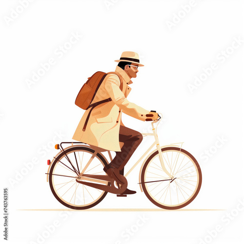 Vintage illustration style of man riding a bicycle with basket and flowers isolated on white background. Vector illustration. Beautiful postcard.