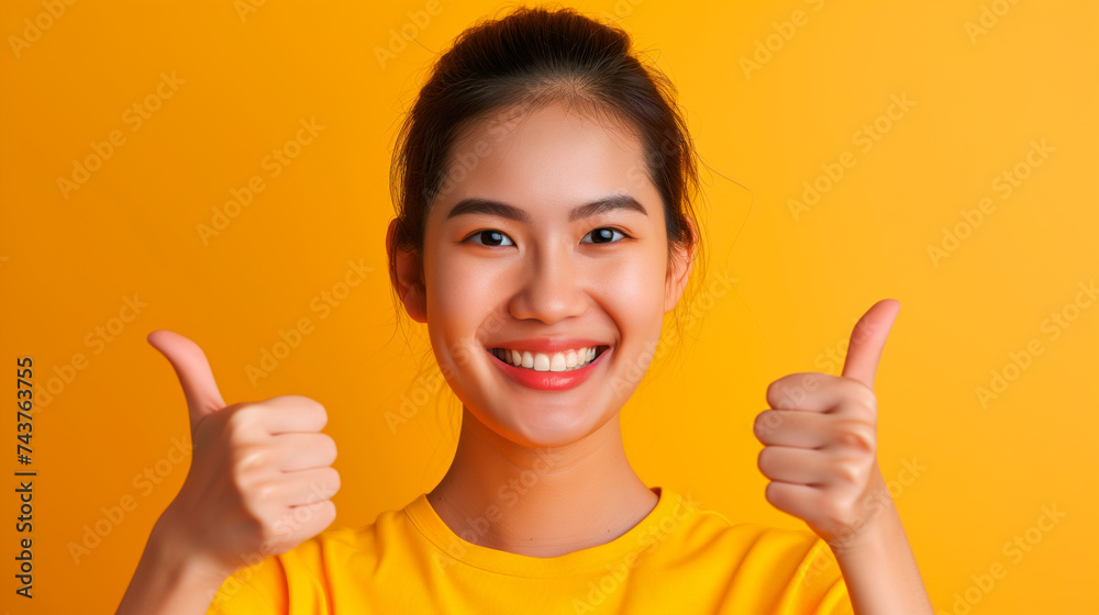 Asian girl portrait smiling to camera with thumbs up over yellowish background and empty space for text.