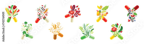 Open Vitamin Capsule with Fruit and Vegetables as Supplements Vector Set