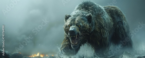 A ferocious werebear mid-transformation graphics against a simple eerie fog-covered ground photo
