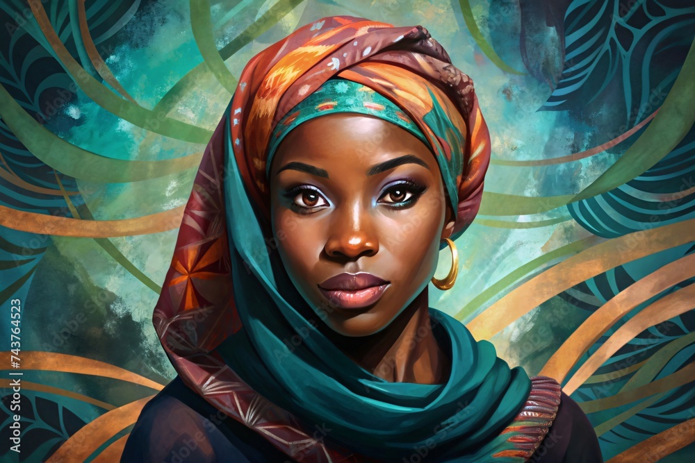 Portrait of beautiful african american woman in headscarf, women history, women's day