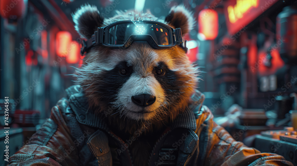 Cyberpunk panda with holographic eyes decrypting data in a high-tech hideout