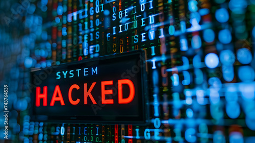 “System hacked” - the inscription is illustrated on the digital screen with numbers and letters in the background.