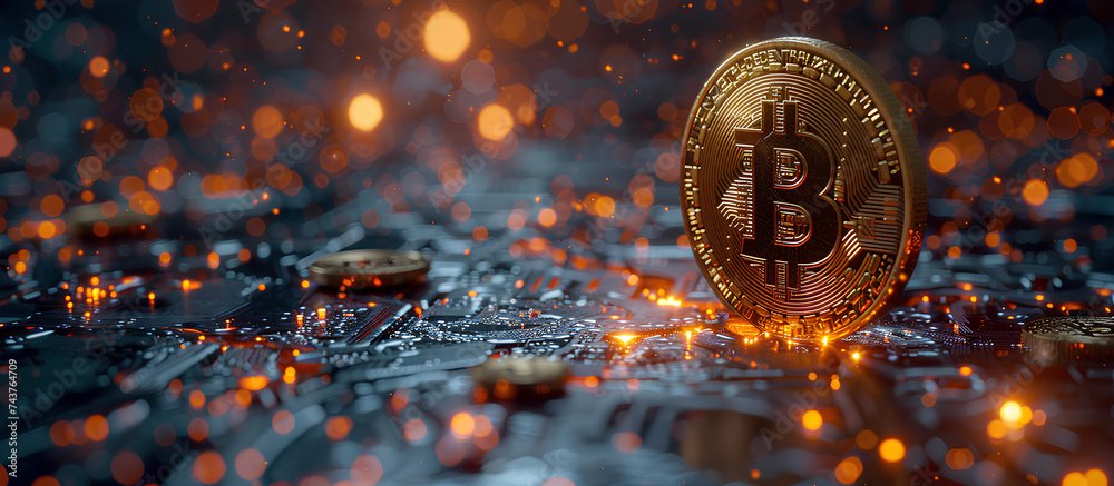 bitcoin crypto with a technology stock exchange background - obrazy, fototapety, plakaty 