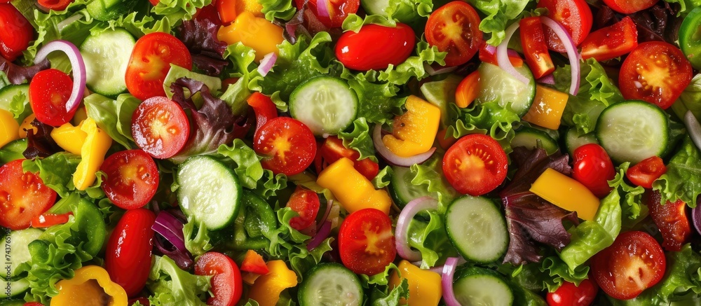 A close-up view of a fresh vegetable salad featuring vibrant red tomatoes and crisp green cucumbers, creating a colorful and refreshing dish. - obrazy, fototapety, plakaty 