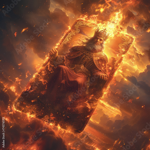 The card of a dark king its sinister aura palpable on desert sands with a backdrop of a fiery sunset photo