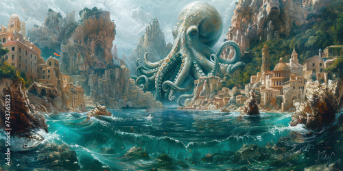 Tentacle and trident clash  vs the squid amidst the ruins of a sunken city photo