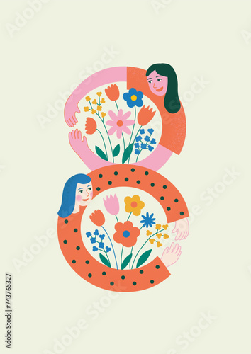 Vector bright colourful 8 march card design with girls. Characters card for 8th march, international women's day.