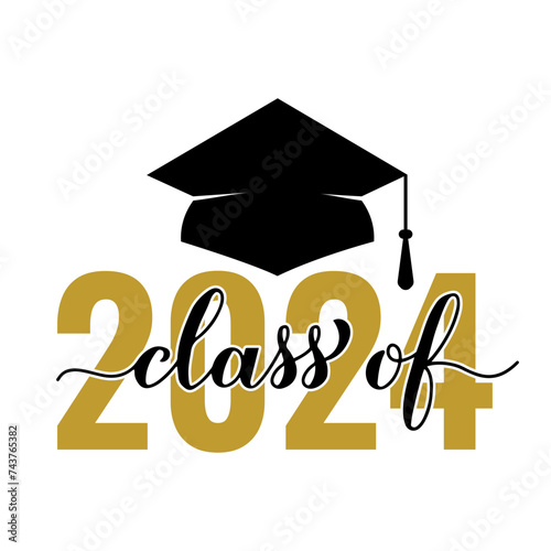 Class of 2024 lettering with graduation cap isolated on white. Congratulations to graduates typography poster.  Vector template for greeting card, sticker, banner, label, shirt, etc.