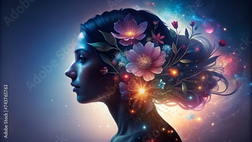 Beautiful woman with flowers in her hair and fantasy landscape background.