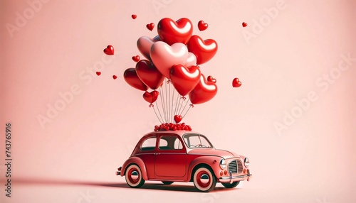 Vintage Car with Heart-Shaped Balloons on Pink Background