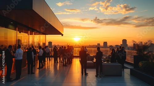 Rooftop business event against urban sunset view. Corporate gathering with city skyline view.