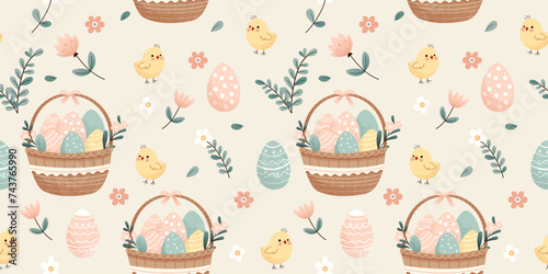 Cute cartoon Easter seamless pattern, egg baskets, flowers and chickens. Ideal for paper and textile products. Soft Pastel colors