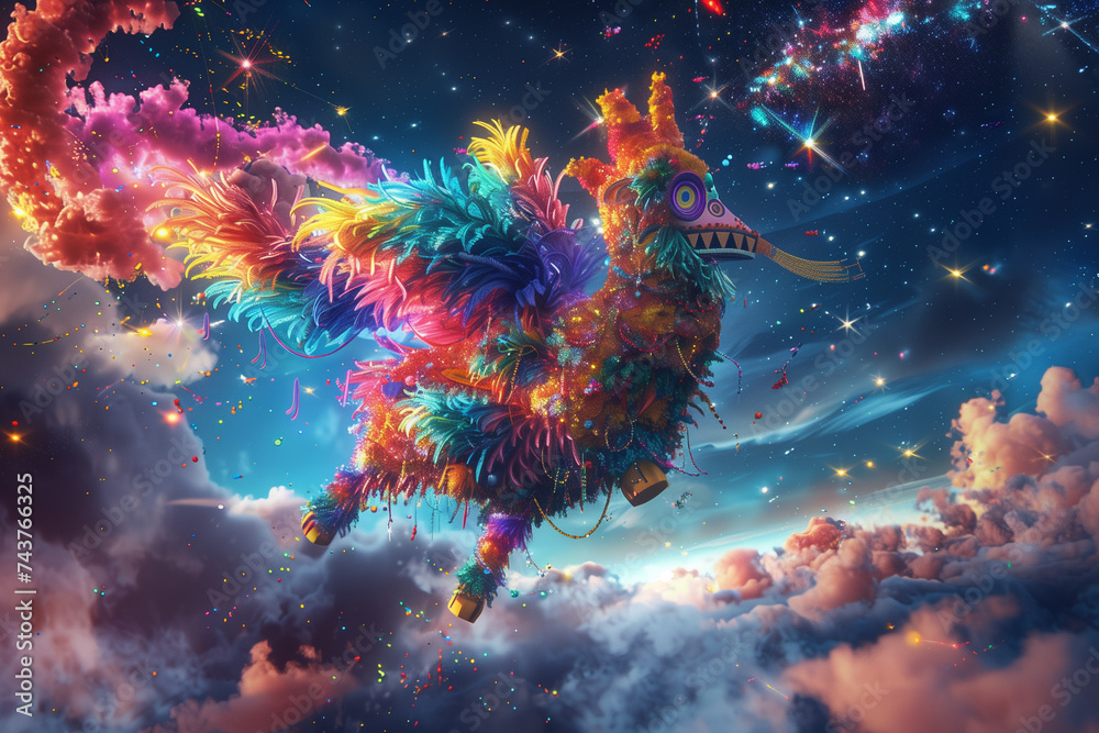 A mythical Aztec deity piñata floats, bursting with colorful stars in a dreamscape - obrazy, fototapety, plakaty 