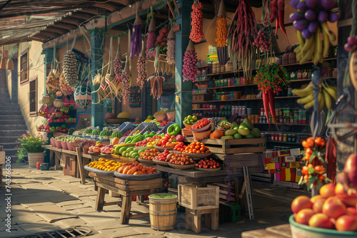 Traditional Mexican market selling fresh produce and handcrafted goods, highlighting vibrant colors and local culture