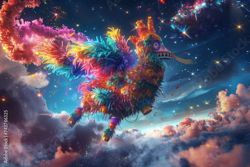 A mythical Aztec deity piñata floats, bursting with colorful stars in a dreamscape