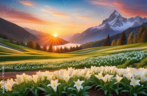 Tableau sur toile Painting of beautiful landscape with mountains, sunrise, and easter lillies and