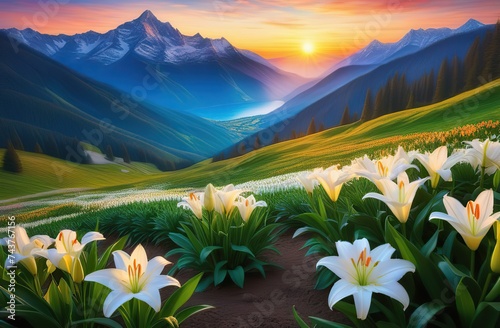 Photographie Painting of beautiful landscape with mountains, sunrise, and easter lillies and