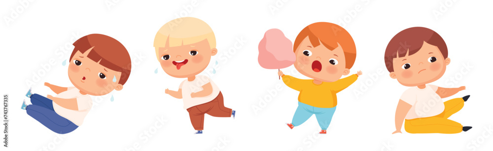 Funny Overweight Little Boy with Chubby Body Vector Set Funny Overweight Little Boy with Chubby Body Vector Set